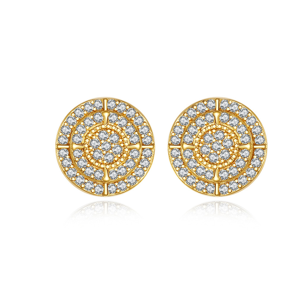 Hip Hop Men's Stud Earrings Round Shape Shining White Zircon Dangle Earrings Bling Gold Plated Jewelry Wholesale