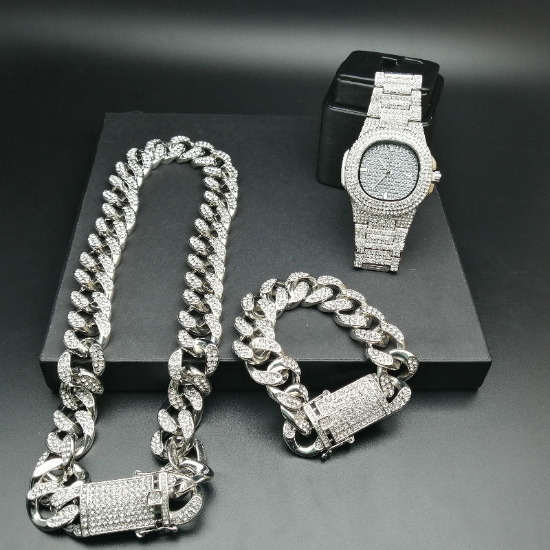 2cm Hip Hop Gold Ice Out Cuban Crystal Miami Necklace Chain Gold Men Watch & Necklace & Bracelet Combo Set Hip Hop For MenQ0115, Golden;silver
2cm Hip Hop Gold Ice Out Cuban Crystal Miami Necklace Chain Gold Men Watch & Necklace & Bracelet Combo Set Hip Hop For MenQ0115, Golden;silver