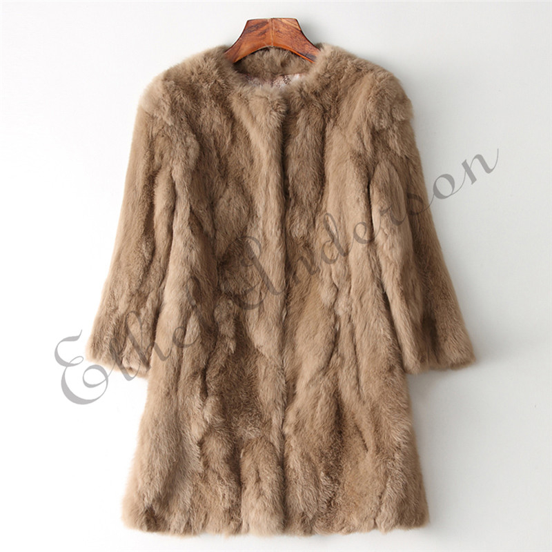 Ethel Anderson 100% Real Rabbit Fur Coat Women's O-Neck Long Rabbit Fur Jacket 3/4 Sleeves Vintage Style Leather Fur Outwear T200319