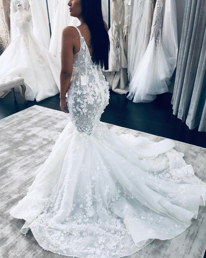 Beautiful Mermaid Lace Wedding Dresses Beaded V Neck Appliqued Backless Bridal Gowns Plus Size Sweep Train robe de mariée