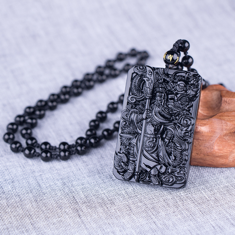 Natural Obsidian Pendant with Beads Chain Dragon Guan Gong Guan Yu Hold Broadsword Knight Pendant Necklace for Men/women Jewelry 201014