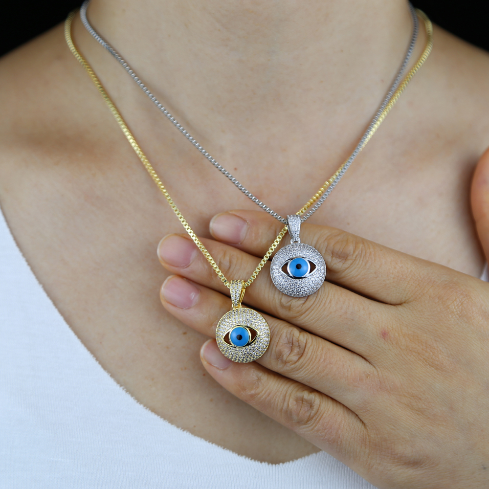 Hip hop Turkish Evil Eye charm necklace Jewelry For Women 5A Cz paved round pendant blue Eye Choker Necklace with box chain