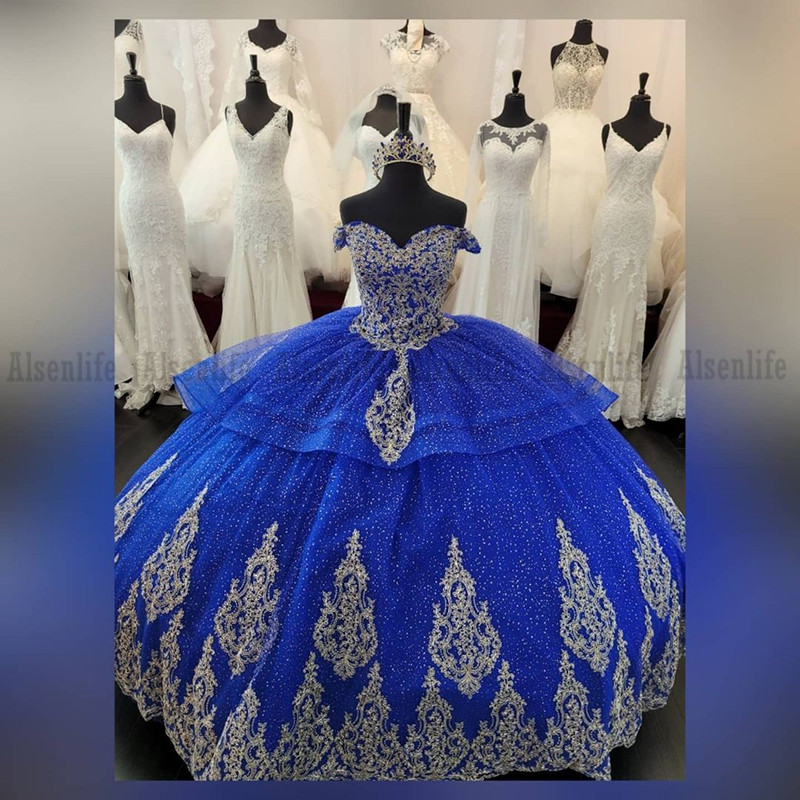 Royal Blue Sweet 16 Quinceanera Birthday Dresses Bead Lace Off the Shoulder Masquerade Party Gowns Vestidos De XV Anos