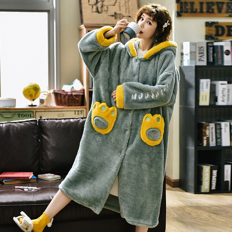 Women Kawaii Winter Robe With Hat Kimono Bathrobe Loose Autumn Nightgown Ears Hooded Sleepwear Bath Night Dress Gown For Girls 210203