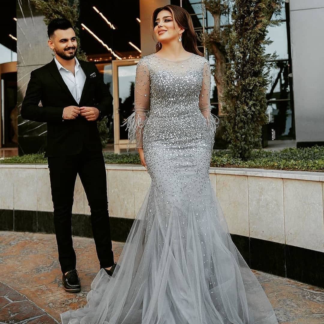2022 Plus Size Arabic Aso Ebi Silver Luxurious Mermaid Prom Dresses Beaded Crystals Evening Formal Party Second Reception Birthday Engagement Gowns Dr