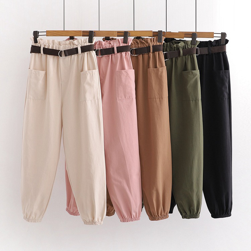 SURMIITRO Korean Ankle Harem Pants Women With Belt Black White Yellow Cotton Female Cargo Pants High Waist Trousers Femme 201228