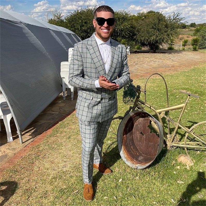 british style men suits 2 pieces grey plaid custom made wedding suits lapel cotton high quality handsome business coatpant