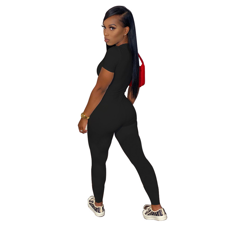 Wholesale Jumpsuits Summer Women rompers Short Sleeve Jumper Suit Solid Zipper bodycon bodysuits Casual Solid Skinny leggings Black Overalls Bulk 5710