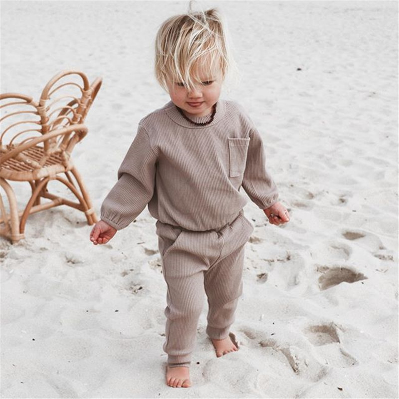 Baby Girl Boy Rib Knitted Clothing Set Long Sleeve Top with Pocket + Pants 6M-4Y Kids Autumn Casual Solid Cotton LoungewearX1019