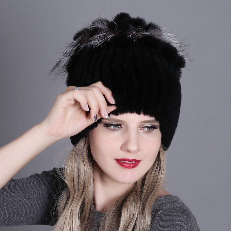 Fur Hats for Women Winter Real Rabbit Hat Fox fur kniting female warm snow caps ladies elegant princess beanies cap