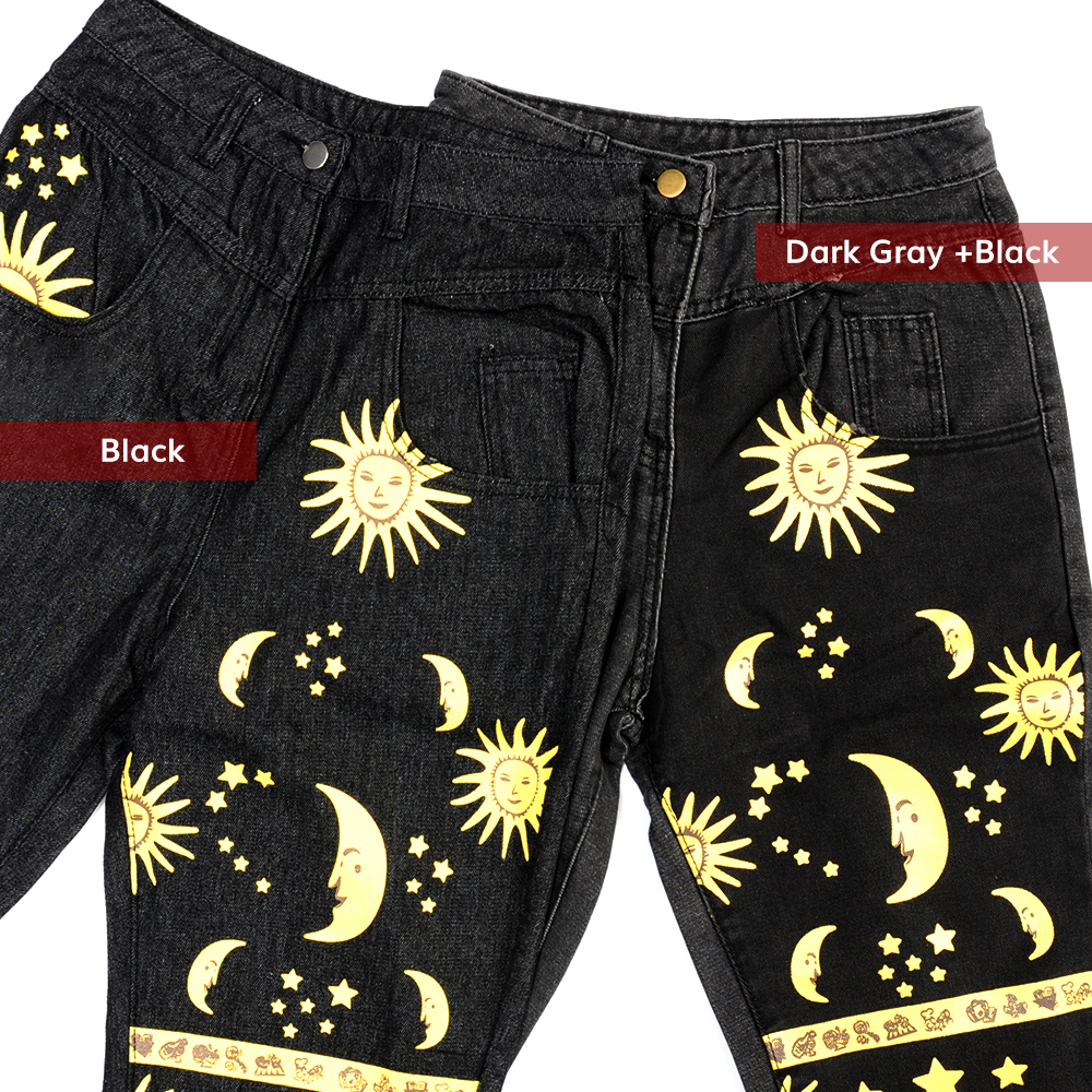 Fashion Sun Star Printed Pants Jeans Women Autumn Black High Waist Young Girls Chic Denim Trousers Woman Cool Boyfriends Jeans 201105