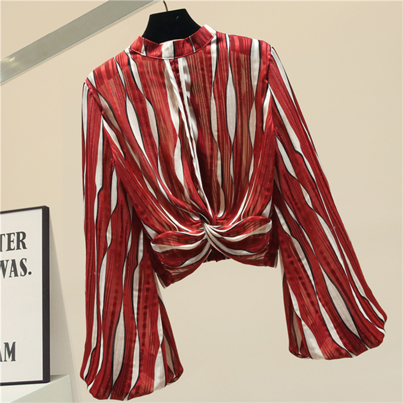 TWOTWINSTYLE Casual Striped Women Shirt Stand Collar Lantern Long Sleeve Loose Hit Color Blouse Female Fashion Clothing New 201126