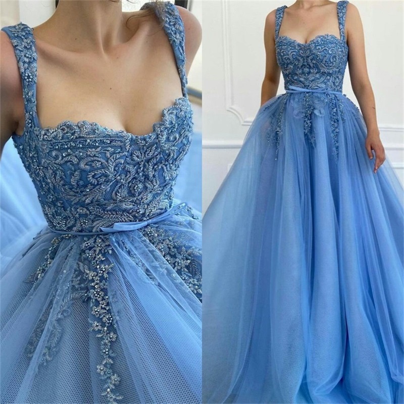 Chic Prom Dresses 3D Floral Appliqued Lace Beads A Line Evening Dresses Spaghetti Strap Sleeveless Formal Party Dress Custom Made