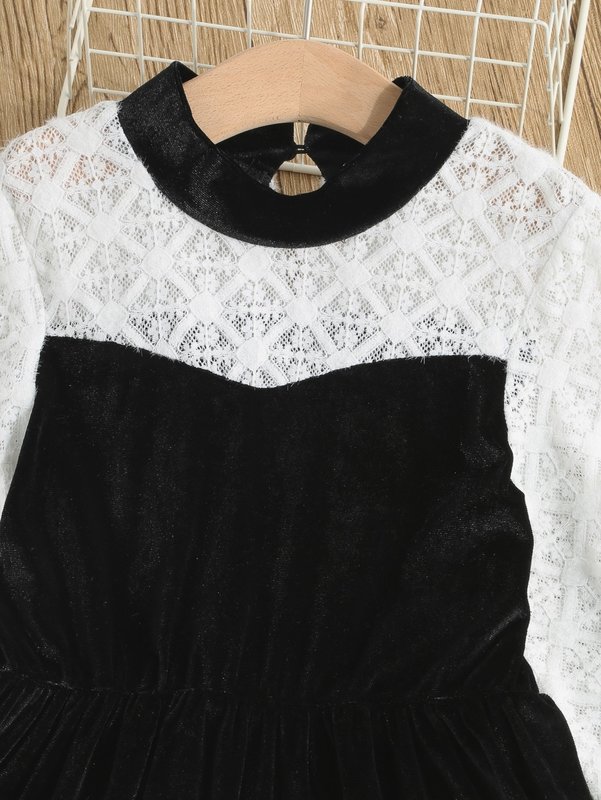 Girls Contrast Lace Keyhole Back Velvet Dress SHE