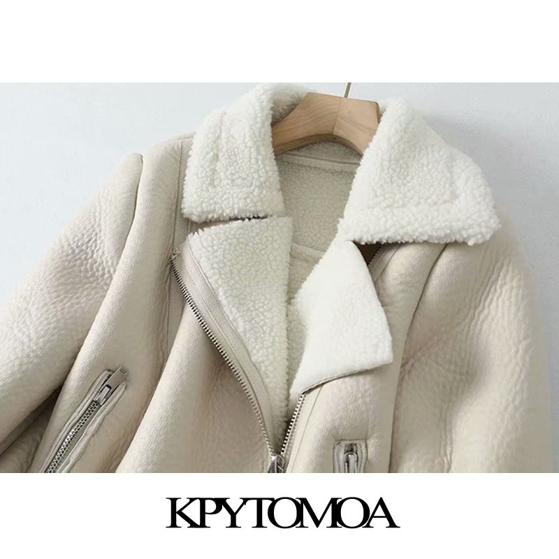 KPYTOMOA Women Fashion Thick Warm Winter Fur Faux Leather Cropped Jacket Coat Vintage Long Sleeve Female Outerwear Chic Tops
