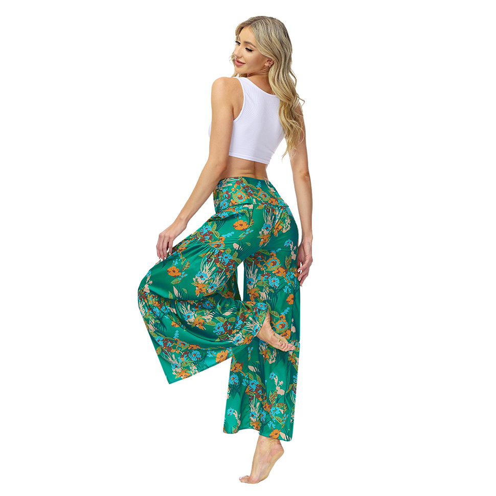 Women Wide Leg Palazzo Pants Summer Loose Casual Beach Boho Floral Printed Bohemian Belted Pants Trousers