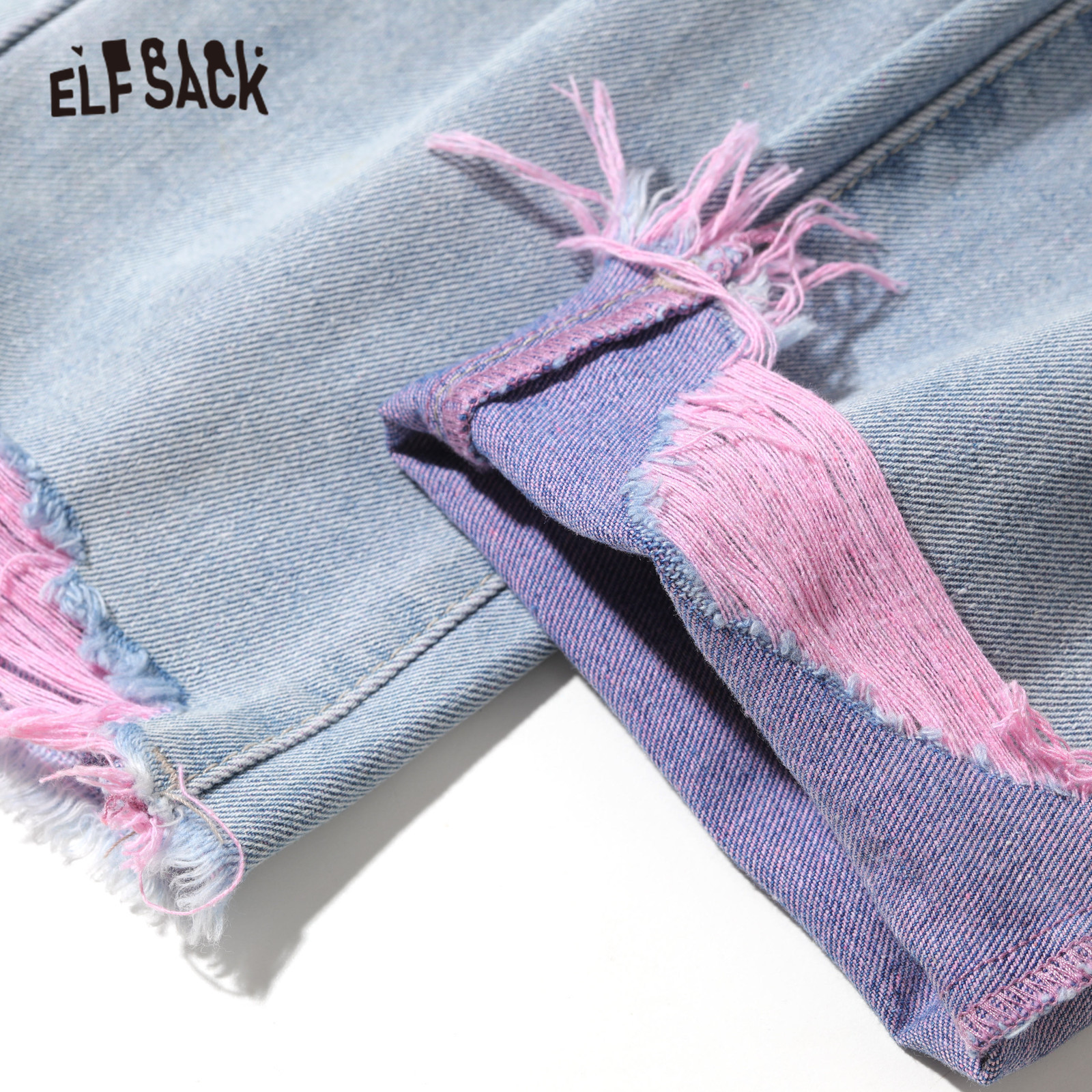 ELFSACK Blue Solid Ripped Hole Washed Straight Casual Denim Jeans Woman Autumn ELF High Waist Korean Ladies Daily Trousers 201029