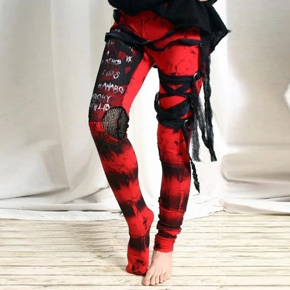 Gothic Pants Girls Vintage Mesh Lace Up Skinny Trousers Punk Style Women's Printed Pencil Pant High Street Ladies Leggins D30 201106