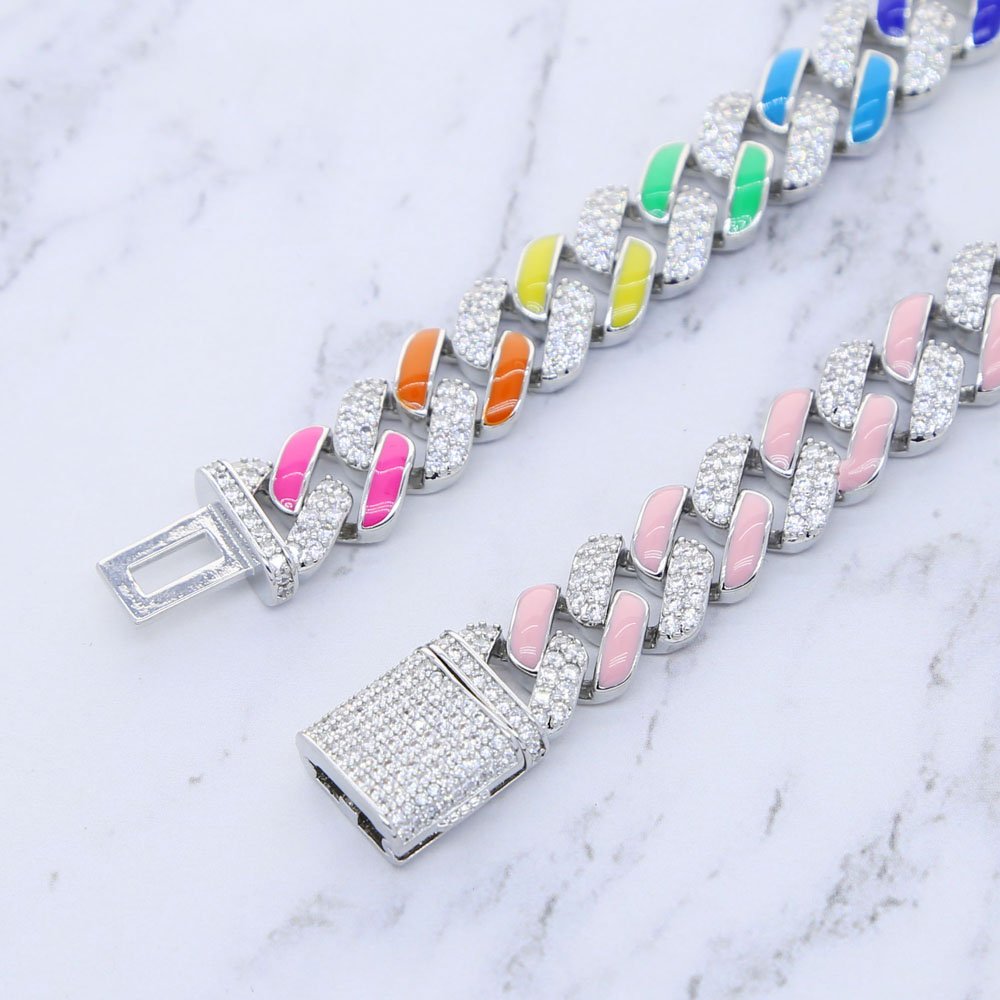 2021 Iced Out Rainbow Enamel Women Hip Hop Choker Jewelry Pave 5A Cubic Zirconia 11mm Cuban Chain Choker Necklace Jewelry Drop Ship