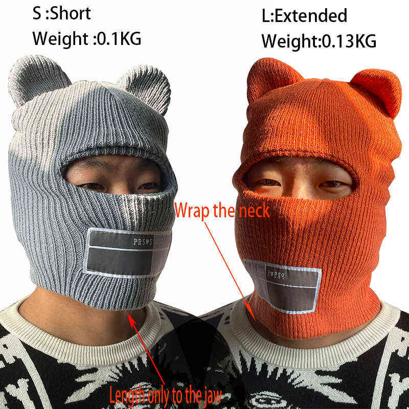 Bear Ears Balaclava Ladies 1 Hole Ski Mask Handmade Crochet Full Face Wooly Hat Cute Girl Winter Streetwear Warm Beanie 220124