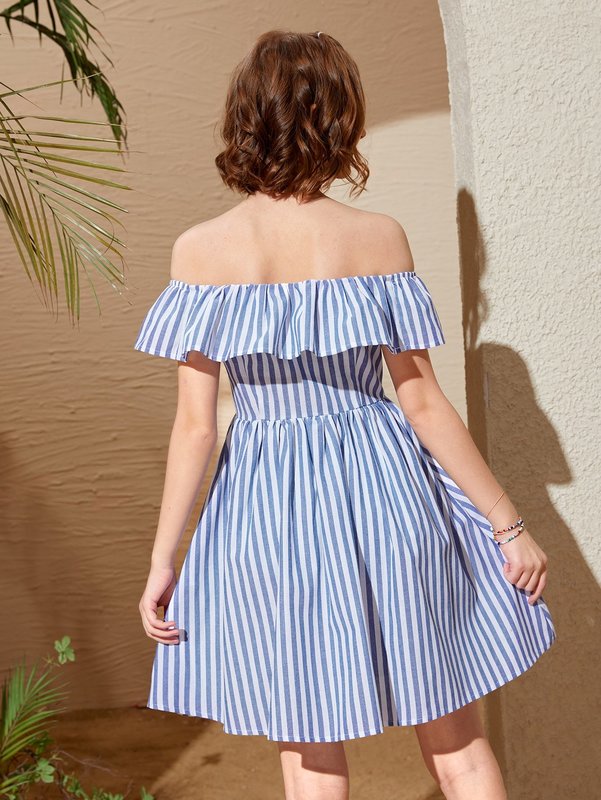 Teen Girls Ruffle Off Shoulder Striped Pattern Dress SHE