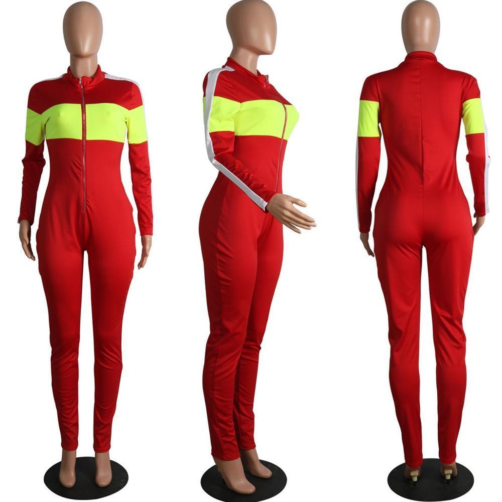 Sports Zipper Women Sexy One Piece Bodysuit Sports Deep V Colorblock Tight Long Sleeve Workout Gym suit Fitness Jumpsuit T200616