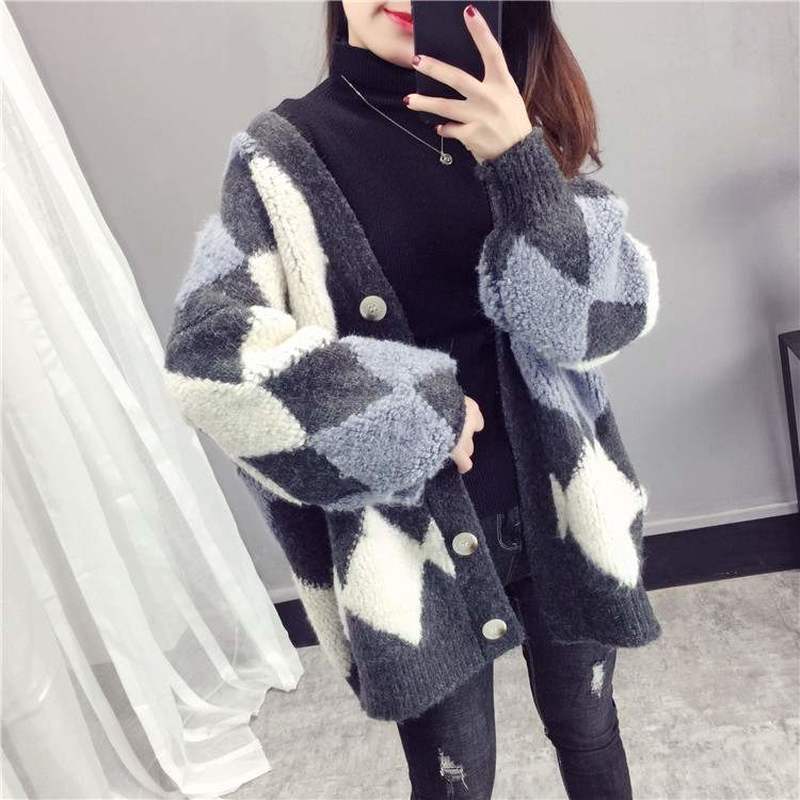 Neploe Sweater Cardigan Women Autumn Winter Korean Thick Knit Cardigans Argyle Oversized Hit Color Knitwear Outwear Coat 55306 201111wtt