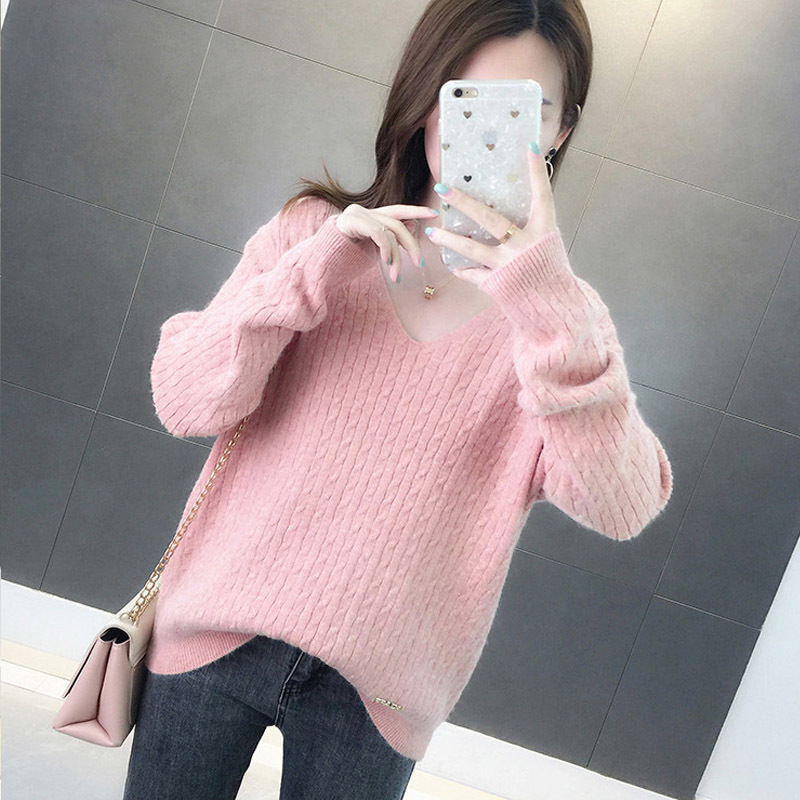 Casual V-Neck Women Sweater Winter Warm Jumper Pink Loose Cashmere Sweater Knitted Pullover Top Pull Hiver Femme 201225