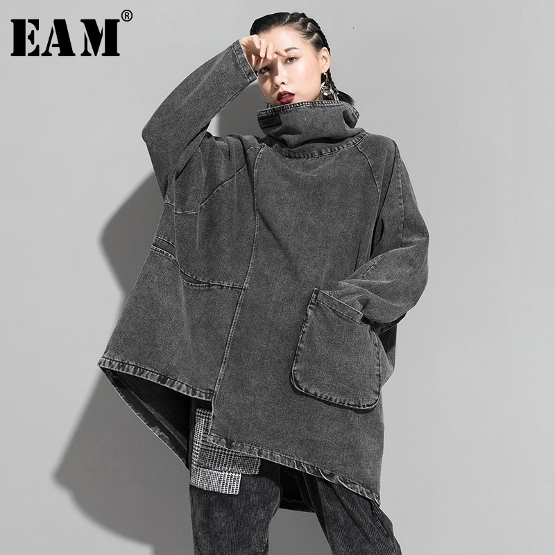 [EAM] Loose Fit Black Denim Oversized Sweatshirt New High Collar Long Sleeve Women Big Size Fashion Spring Autumn 1K166 201106