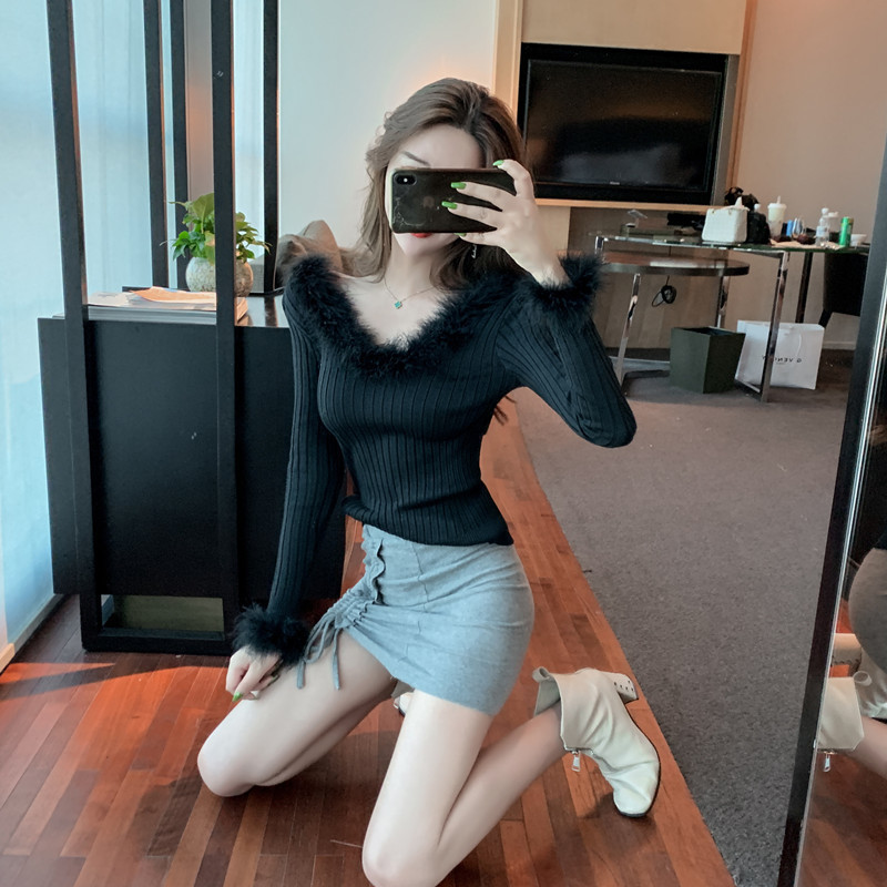 Women's Back Lace-up Sexy Sweater Plush Stitching Large V-neck Long-sleeved Knit Bottoming Sweater Top Ladies Club Tops ML259 201023