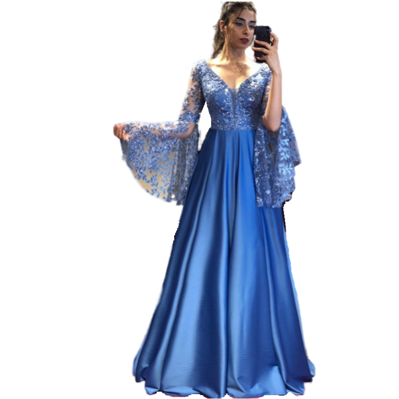 Elegant Royal Blue Bare Long Sleeve Evening Dresses 2022 A-Line Lace Appliques Sequins Shiny Party Prom Gowns Satin V-Neck Floor Length Special Occasi