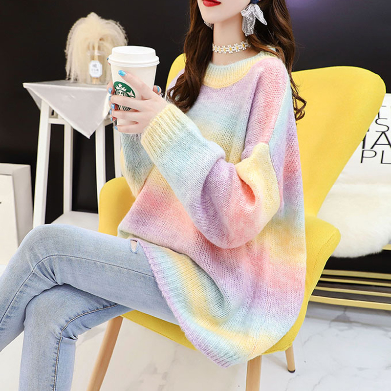 Lucyever Kawaii Women Sweater Pullover Rainbow Girls Japanese Knitted Jumper Loose Oversize Autumn Long Sleeve Pink Top 201222