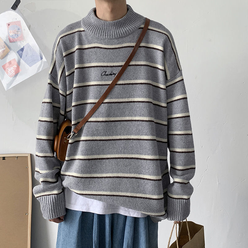 Privathinker Men's Half-turtleneck Embroidered Striped Sweater Winter Warm Woman Korean Streetwear Fashion Pullovers 201224