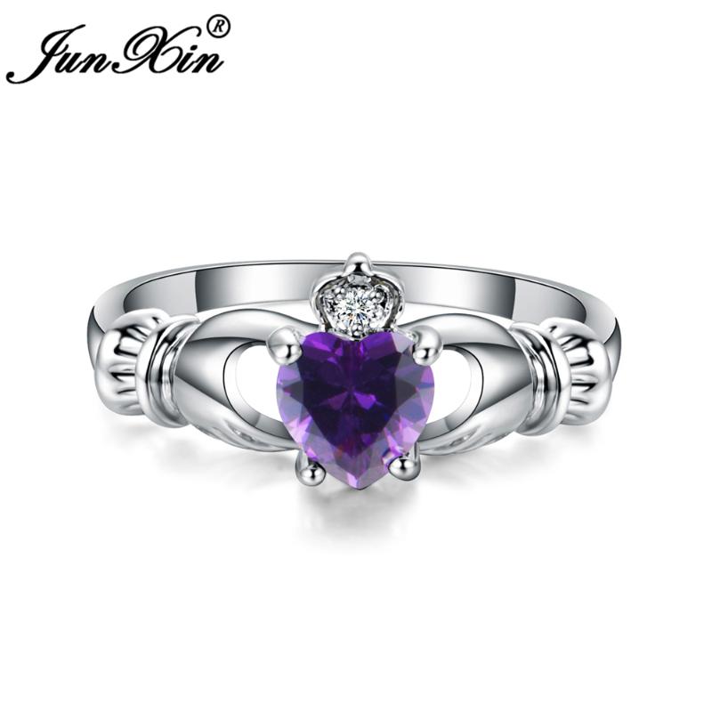 Wedding Rings JUNXIN Luxury Female Heart Ring Claddagh White Gold Filled Jewelry Fashion For Women Birth Stone Gifts1