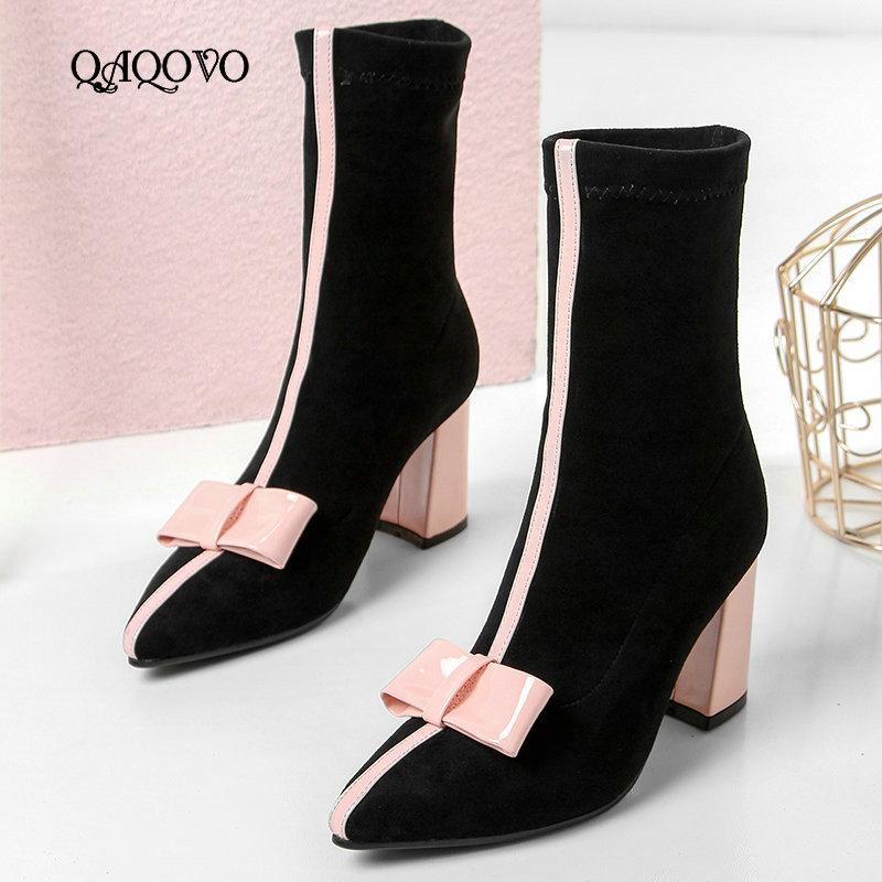 Sweet Bow Ankle Boots Women Faux Suede Square High Heel Stretch Boots Slip On Fashion Pointed Toe Autumn Winter Ladies Shoes, Black
Sweet Bow Ankle Boots Women Faux Suede Square High Heel Stretch Boots Slip On Fashion Pointed Toe Autumn Winter Ladies Shoes, Black