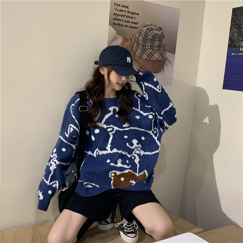 Autumn Fashion New Sweater Women Bear Pattern Round Collar Long Sleeve Pullover Kawaii Loose Casual Streetwear Tops 201111