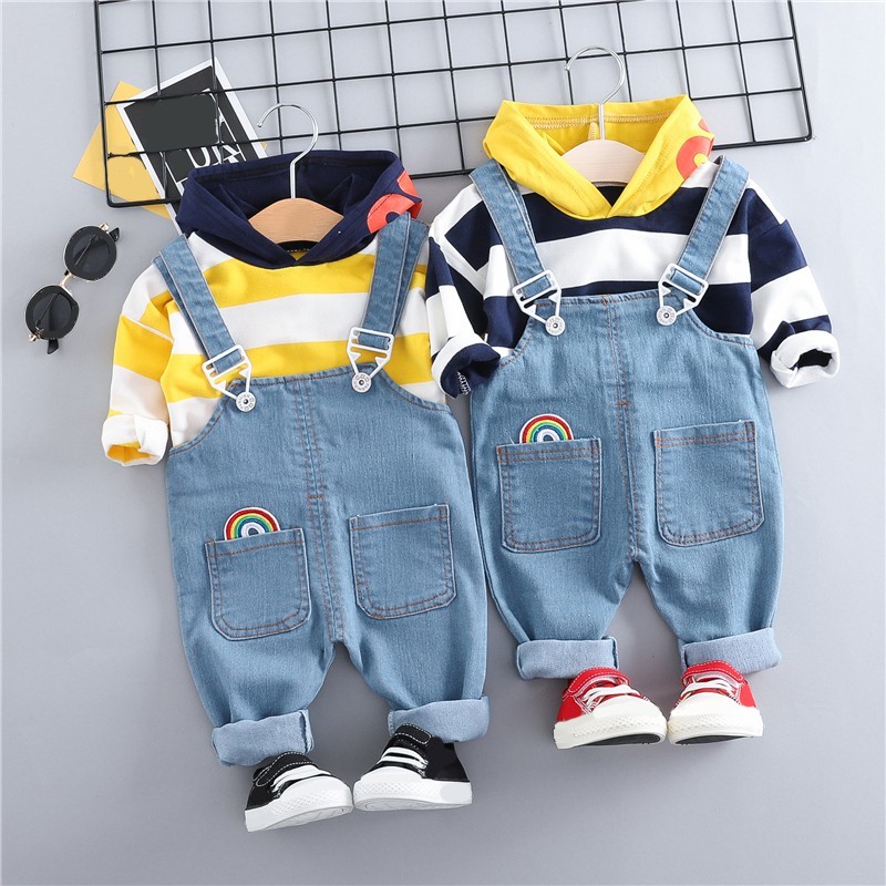 Children Boys Girls Clothing Sets 2020 Spring Autumn Striped T-shirt+Suspender Jeans Kids Clothes Toddler Boys Outfits Y1105
