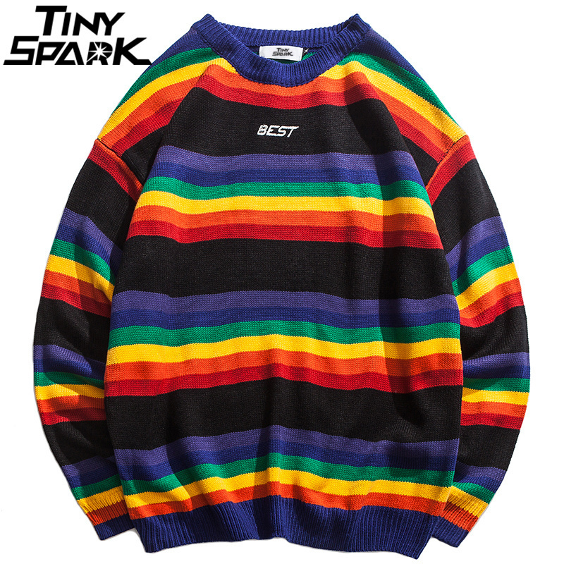 Harajuku Retro Rainbow Knitted Striped Sweater Mens Hip Hop Pullover Sweater Streetwear Male Fashion Autumn Sweater Cotton 201118