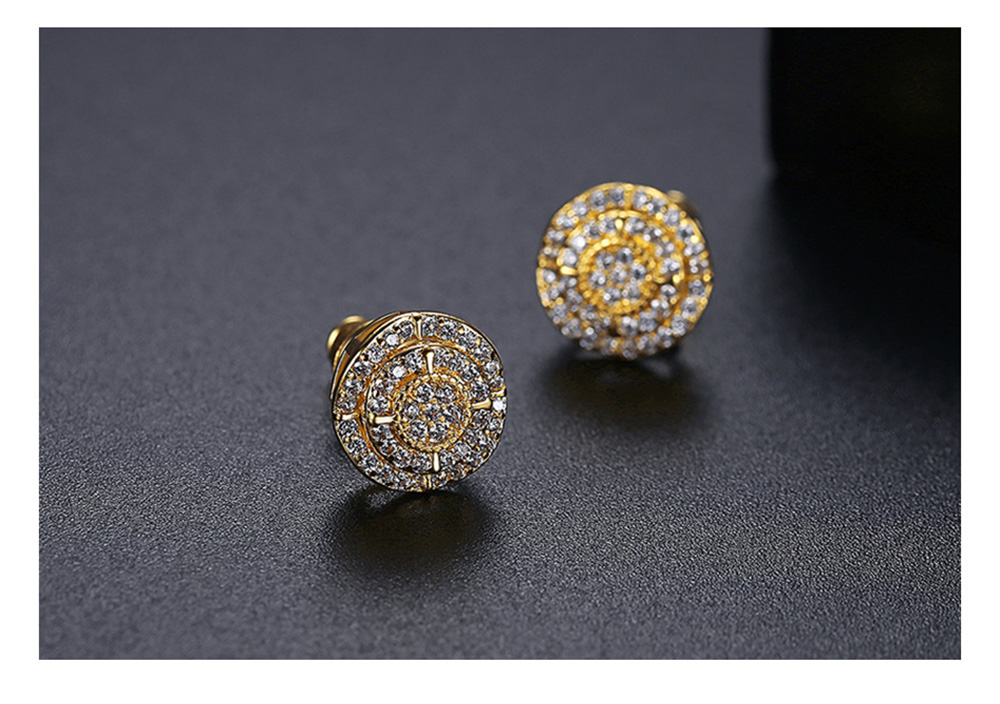 Hip Hop Men's Stud Earrings Round Shape Shining White Zircon Dangle Earrings Bling Gold Plated Jewelry Wholesale