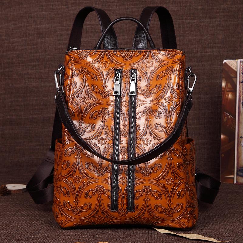 

Women Embossed Rucksack First Layer Cowhide Knapsack Girls School Bag Female Daypack Travel Genuine Leather Ladies Backpack New, Yellow