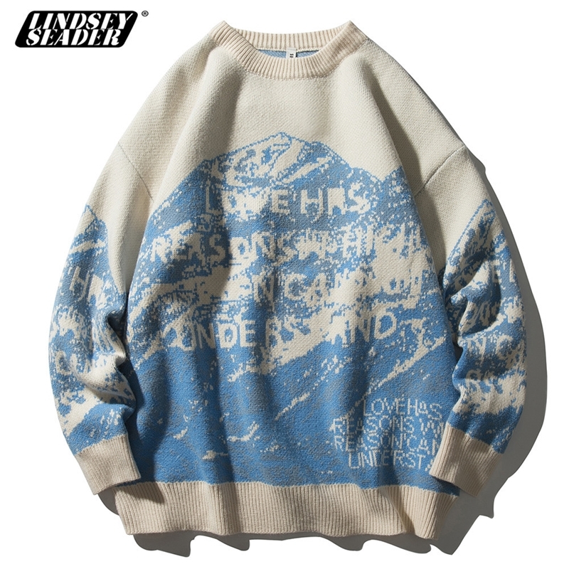 LINDSEY SEADER Sweaters Men Snow Mountain Pullover Knitted Sweaters Harajuku Casual Knitwear Jumper Tops Hip Hop Streetwear 201022