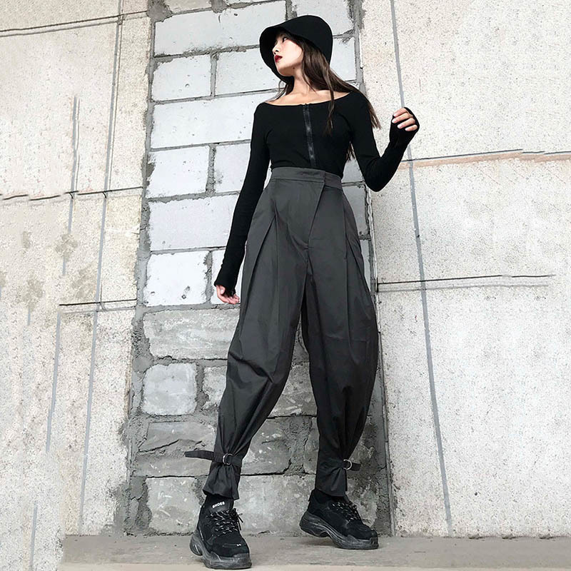 [EAM] High Waist Black Irregular Split Long Harem Trousers New Loose Fit Pants Women Fashion Tide Spring Summer 1W418 201106