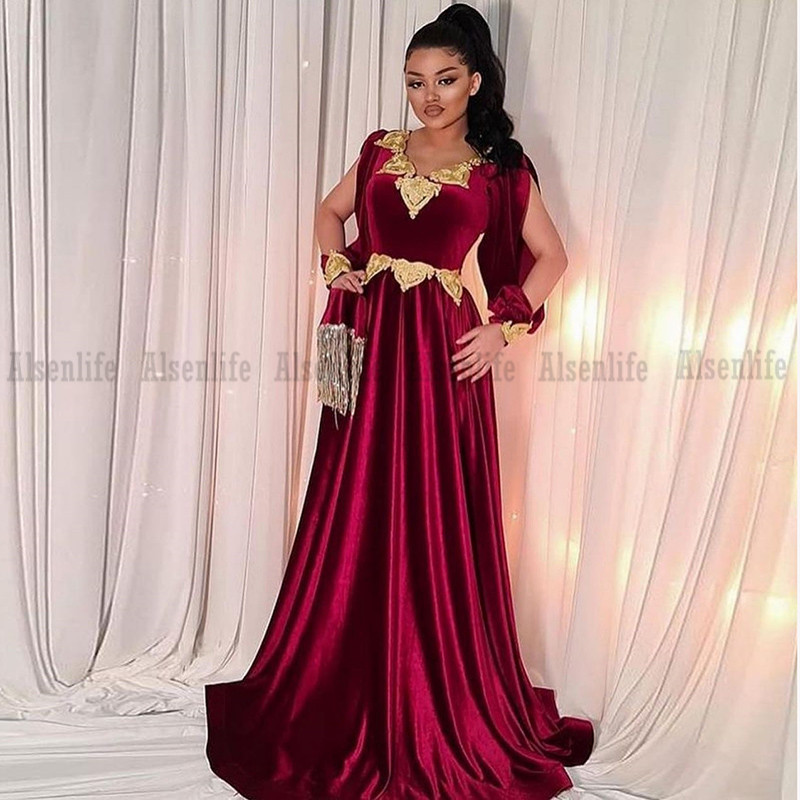 Kosovo Albanian Caftan Evening Dress Burgundy Middle East Arabic Dubai Prom Dresses Velvet Gold Applique Formal Wear Vestidos