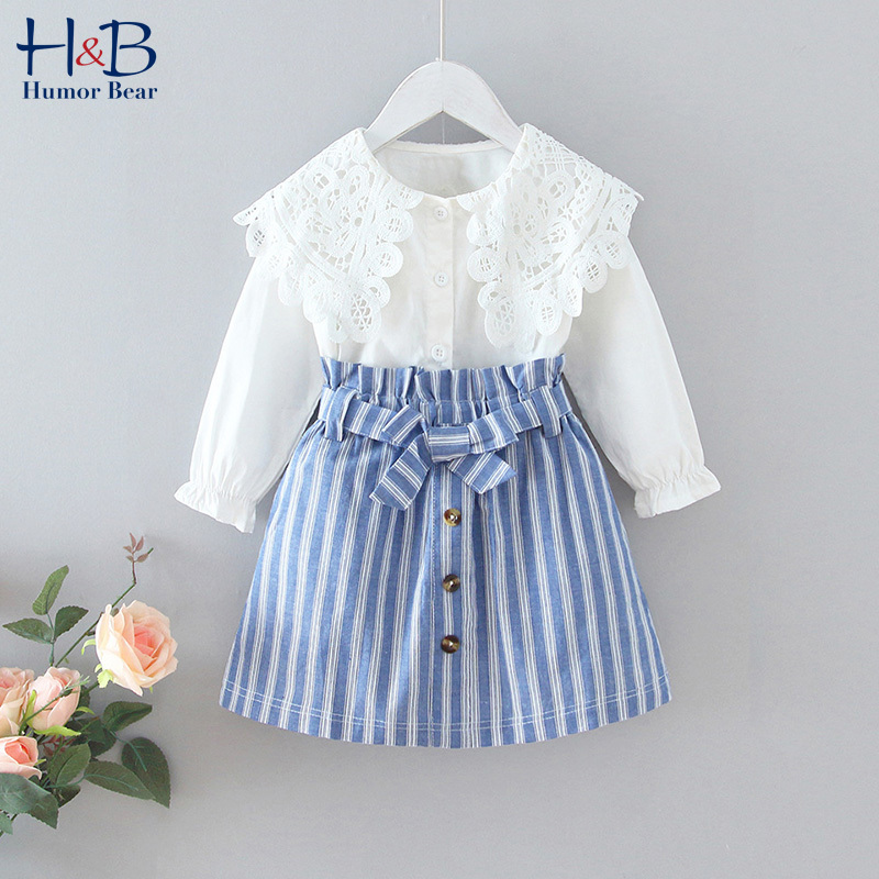 Humor Bear Girls Clothing Sets 2020 Spring And Autumn Baby Fashion Lace Lapel Shirt + Striped Bow Skirt 2pcs Kids SuitX1019