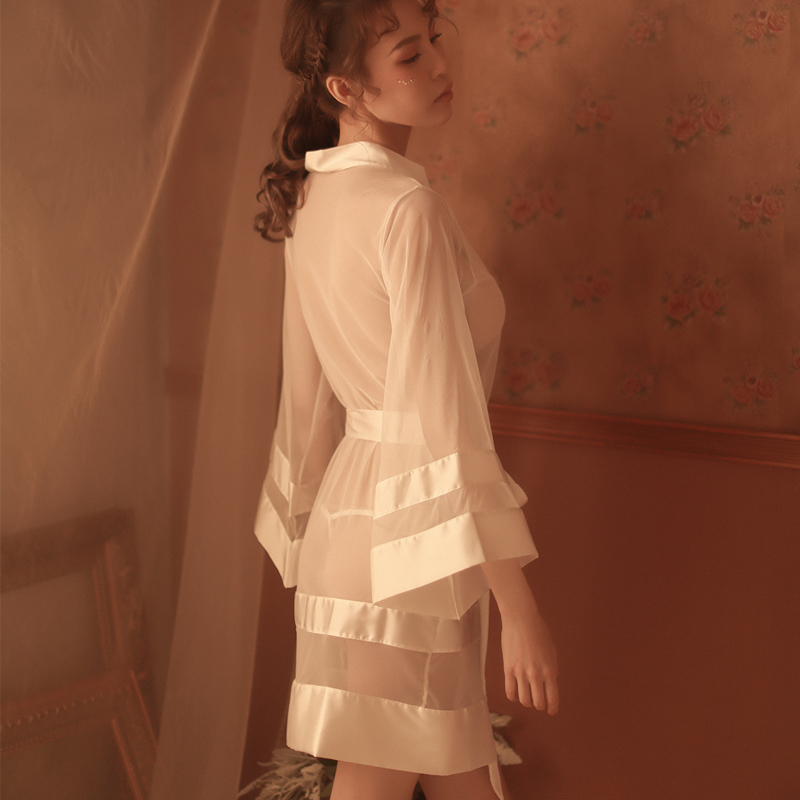 Sexy Bathrobe Temptation Transparent Mesh Gowns Sleepwear Woman Bridal Robes Long Sleeve Gauze Robe Dressing Gown 210203