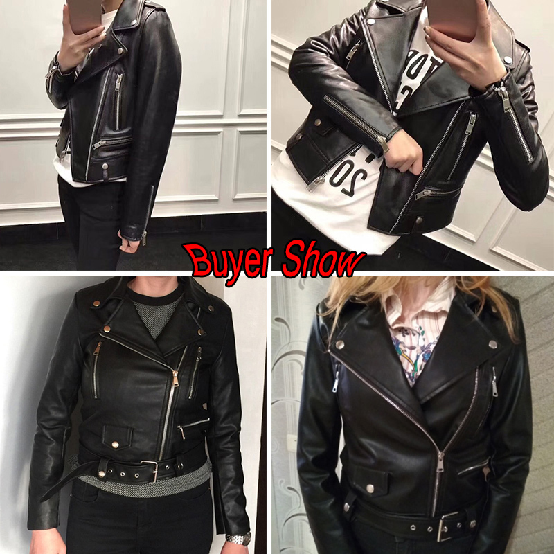 Ailegogo New Women Spring Autumn Black Faux Leather Jackets Zipper Basic Coat Turn-down Collar Motor Biker Jacket With Belt 201029