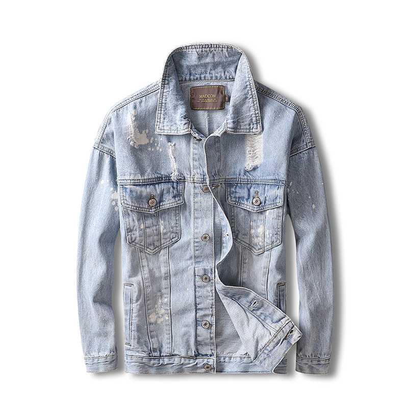 Korean Style Fashion Streetwear Men Jacket Retro Light Blue Ripped Coats Punk Denim Jackets Men Destroyed Hip Hop Jackets Hombre T200502