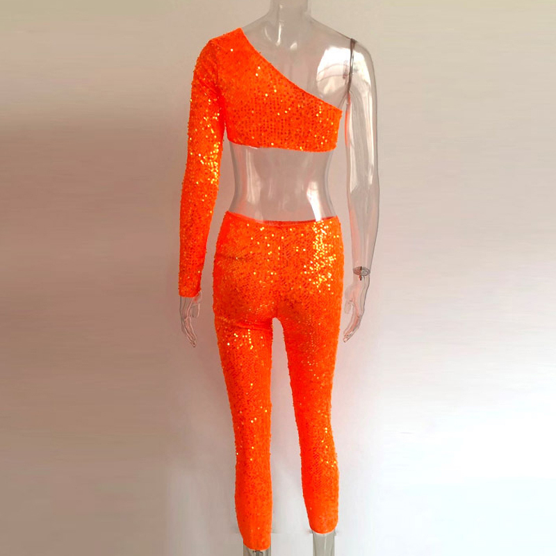 Shiny Orange Sequins Two 2 Piece Set One Shoulder Slope Long Sleeve Crop Top Mid-Calf Pencil Pants 2 Pcs Outfits Party Clubwear T200810