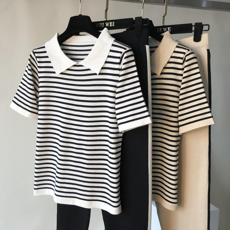 Fashion stripe patchwork knitted two peice set women turn-down collar short sleeve sweater tops+harem pants casual tracksuit 201120