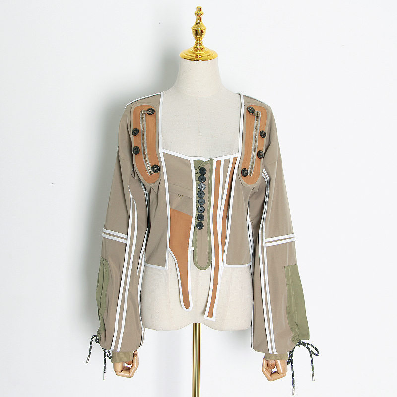 Women's Patchwork Casual Coat - Square Collar, Long Sleeve, Lace Up Bowknot, Streetwear Jacket